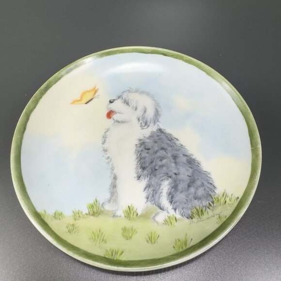 German Porcelain Dish Plate Old English Sheepdog With Butterfly Painted Signed - Picture 11 of 15